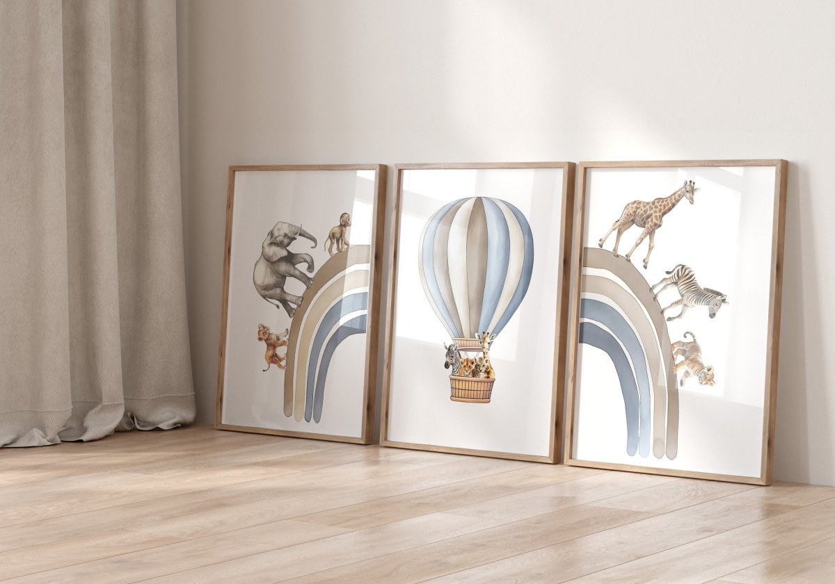 Hot Air Balloon and Rainbow Safari Animals | Blue | Set of 3 Nursery Prints - RoseRowanDesign -