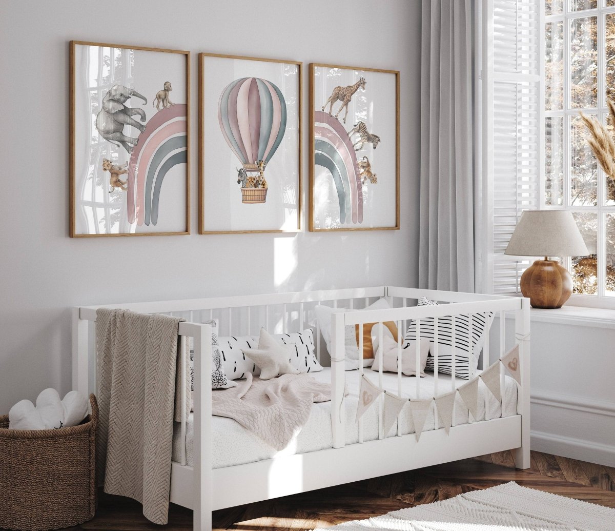 Hot Air Balloon and Rainbow Safari Animals | Pink & Grey | Set of 3 Nursery Prints - RoseRowanDesign -