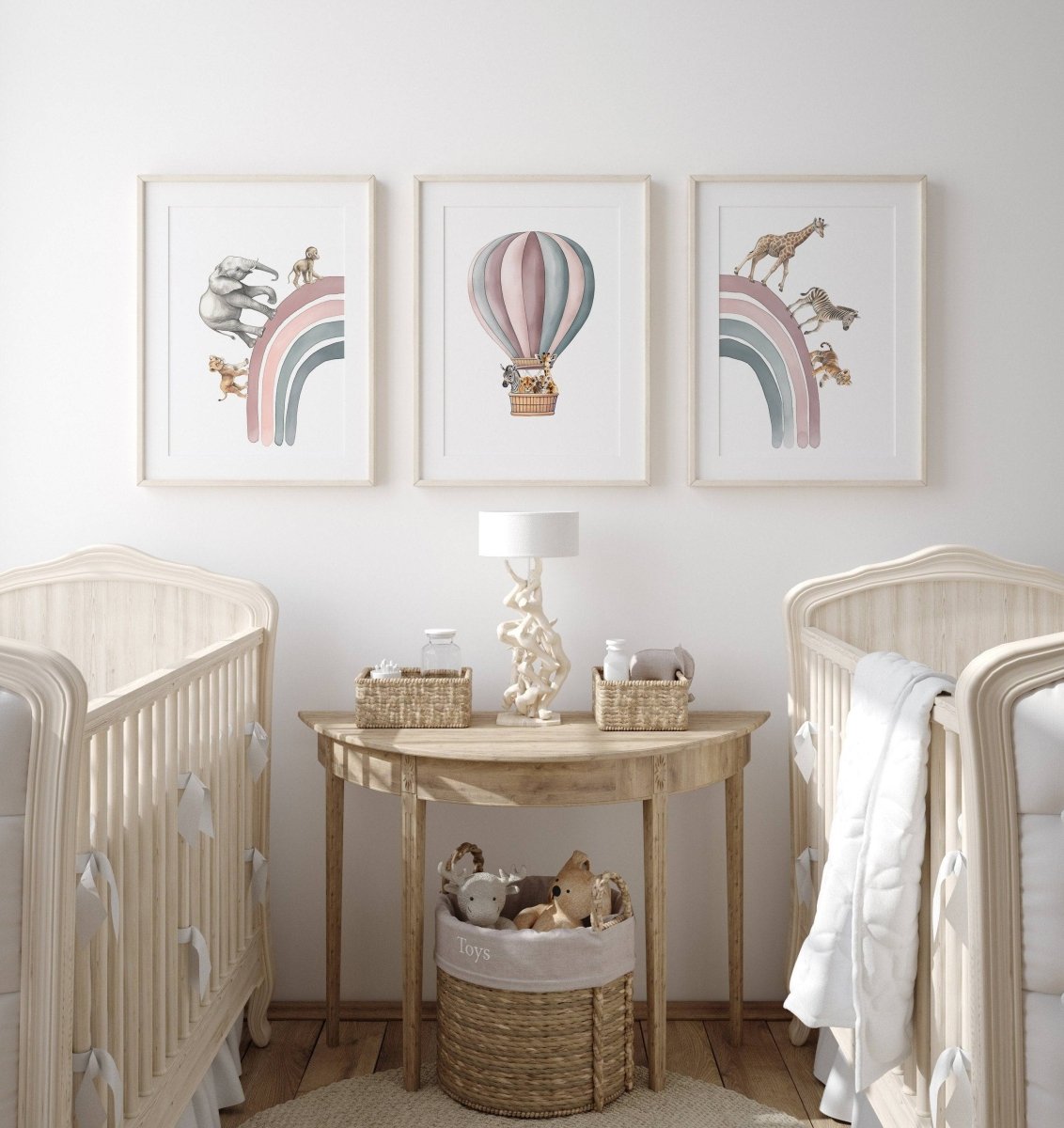 Hot Air Balloon and Rainbow Safari Animals | Pink & Grey | Set of 3 Nursery Prints - RoseRowanDesign -