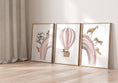 Load image into Gallery viewer, Hot Air Balloon and Rainbow Safari Animals | Pink | Set of 3 Nursery Prints - RoseRowanDesign -