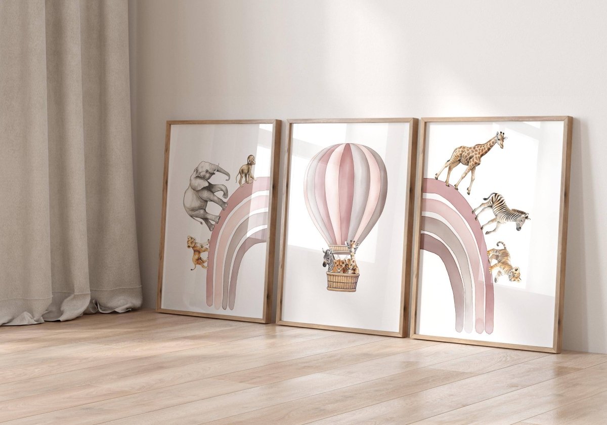 Hot Air Balloon and Rainbow Safari Animals | Pink | Set of 3 Nursery Prints - RoseRowanDesign -