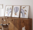 Load image into Gallery viewer, Hot Air Balloon and Rainbow Safari Animals | Purple | Set of 3 Nursery Prints - RoseRowanDesign -