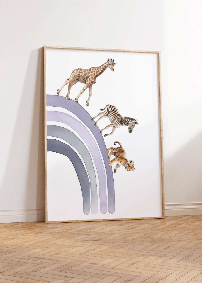 Hot Air Balloon and Rainbow Safari Animals | Purple | Set of 3 Nursery Prints - RoseRowanDesign -