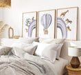 Load image into Gallery viewer, Hot Air Balloon and Rainbow Safari Animals | Purple | Set of 3 Nursery Prints - RoseRowanDesign -