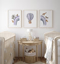 Load image into Gallery viewer, Hot Air Balloon and Rainbow Safari Animals | Purple | Set of 3 Nursery Prints - RoseRowanDesign -