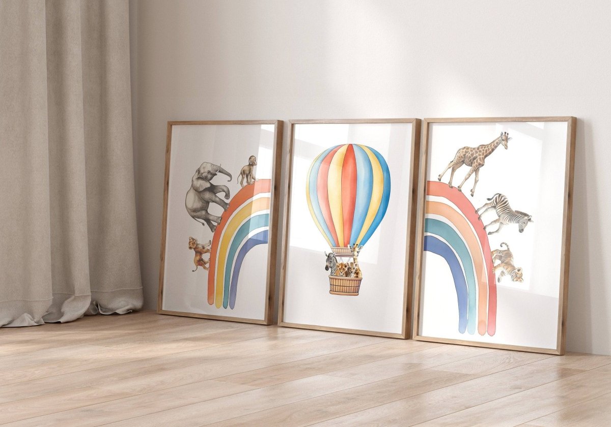 Hot Air Balloon and Rainbow Safari Animals | Rainbow | Set of 3 Nursery Prints - RoseRowanDesign -
