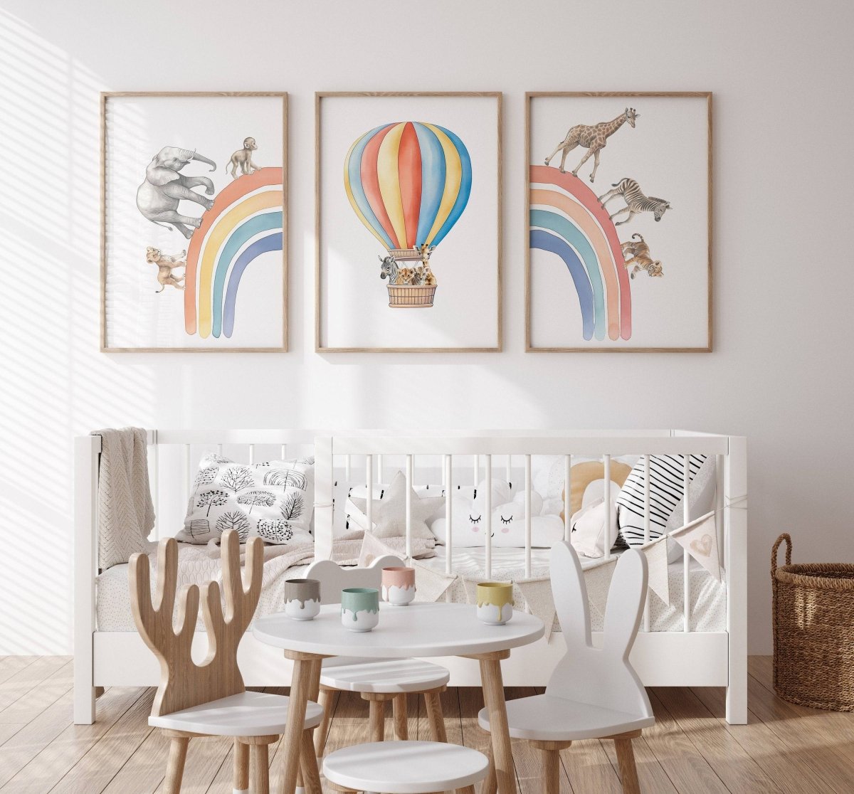 Hot Air Balloon and Rainbow Safari Animals | Rainbow | Set of 3 Nursery Prints - RoseRowanDesign -