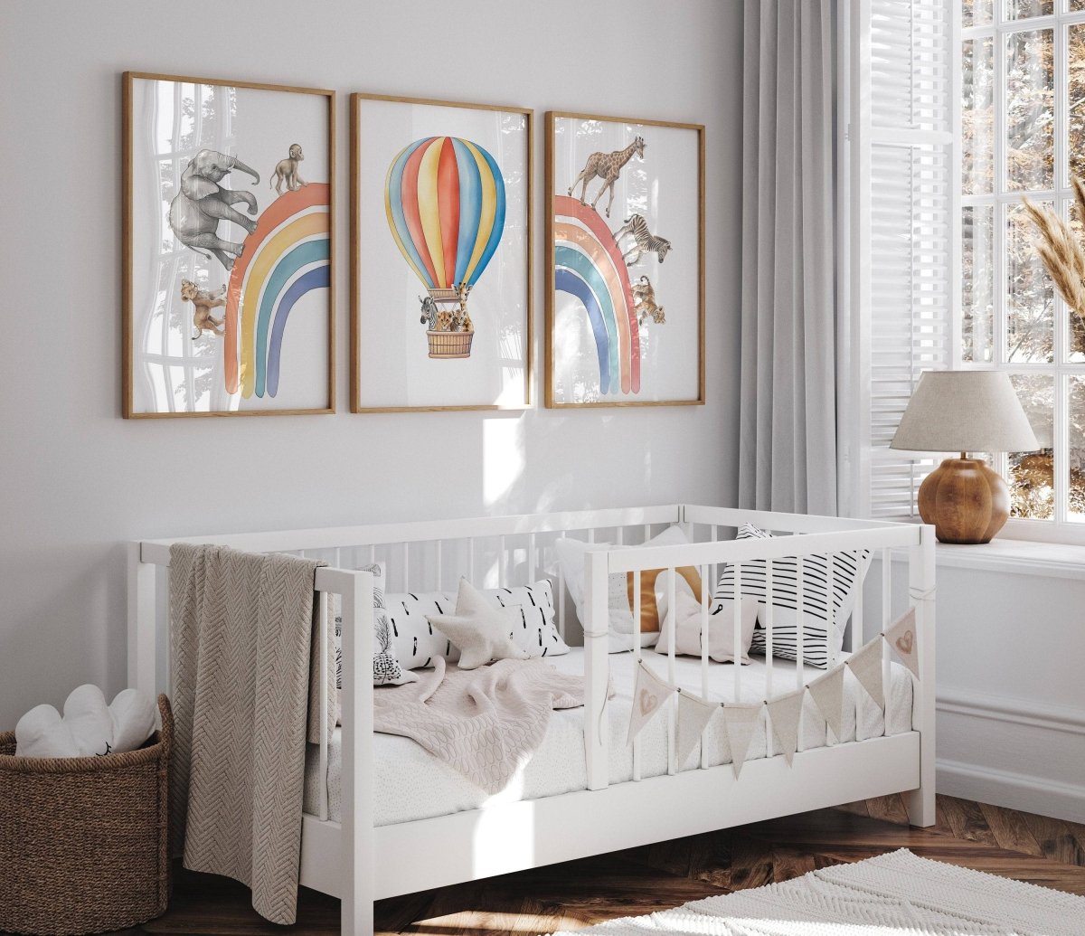 Hot Air Balloon and Rainbow Safari Animals | Rainbow | Set of 3 Nursery Prints - RoseRowanDesign -