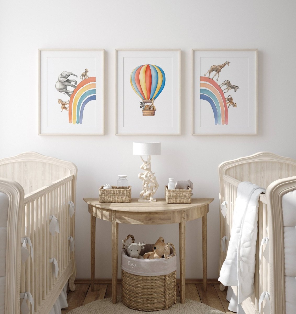 Hot Air Balloon and Rainbow Safari Animals | Rainbow | Set of 3 Nursery Prints - RoseRowanDesign -