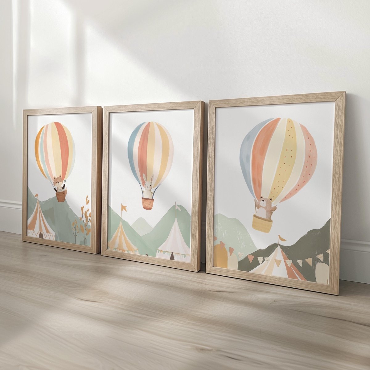 Hot Air Balloon Animals Nursery Prints, Set Of 3 Whimsical Folk Decor, Kids Wall Art Unisex Optional Frame, Personalised Playroom Posters - RoseRowanDesign -
