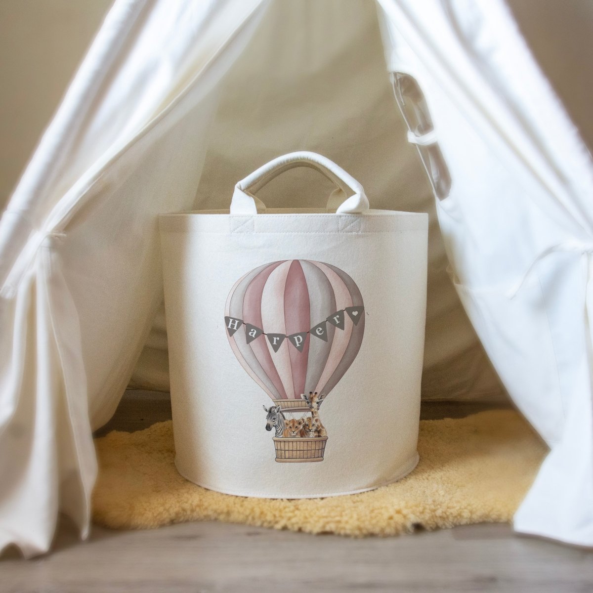 Hot Air Balloon & Safari Animal Themed Personalised Toy Trug for Kids Room or Nursery - RoseRowanDesign -