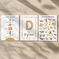 Load image into Gallery viewer, Personalised Name Animal Alphabet & Solar System Set of 3 Prints, Framed Educational Nursery Wall Art Montessori Learning Theme Kids Room