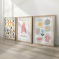 Load image into Gallery viewer, Set of 3 Personalised Nursery Prints - ABC Alphabet, Name Initial, I Can Affirmations - Kids Educational Wall Art with Optional Frames