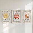 Load image into Gallery viewer, Personalised Boys Nursery Print Set – Hello Sunshine, London Bus & Cool Cat Wall Art - Playroom Decor with Optional Frames