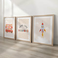 Load image into Gallery viewer, Long Live Boyhood Print Set – Red Bus, Rocket & Checkerboard Wall Art – Boys Retro Playroom Prints, Kids Room Decor with Optional Frames