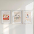 Load image into Gallery viewer, Long Live Boyhood Print Set – Red Bus, Rocket & Checkerboard Wall Art – Boys Retro Playroom Prints, Kids Room Decor with Optional Frames