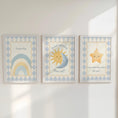 Load image into Gallery viewer, Dream Big Nursery Wall Art Set | Sun Moon Star Prints | Baby Room Décor in Blue or Pink with Optional Frames
