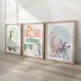 Load image into Gallery viewer, Personalised Safari Nursery Prints | Jungle Animal Wall Art Set | Gender Neutral Décor with Optional Frames