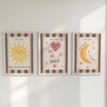Load image into Gallery viewer, Set of 3 Retro Striped Nursery Wall Art Prints - Sunshine, Moon & Heart Wall art with Optional Frames - You Are So Loved