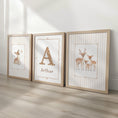 Load image into Gallery viewer, Woodland Deer Nursery Prints Set of 3, Personalised Baby Wall Art, Gender Neutral Decor with Optional Frames