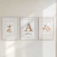 Load image into Gallery viewer, Woodland Deer Nursery Prints Set of 3, Personalised Baby Wall Art, Gender Neutral Decor with Optional Frames