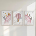 Load image into Gallery viewer, Rainbow Safari Animal Nursery Wall Prints, Set of 3 Blue, Green, Beige, or Pink Personalised Hot Air Balloon, Framed or Unframed