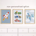 Load image into Gallery viewer, Transport Nursery Wall Art Print Set, Rocket, Racing Car and Plane Poster, Personalised Name Nursery Decor, Framed or Unframed