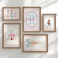 Load image into Gallery viewer, Personalised Circus Nursery Wall Art Set of 5 Prints | Girls Pink Vintage Circus Gallery Wall Posters in Optional White or Oak Frames
