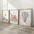 Load image into Gallery viewer, Rainbow Animal Nursery Wall Prints, Set of 3 Hot Air Balloon, Safari Animal Kids Room Posters, Framed or Unframed
