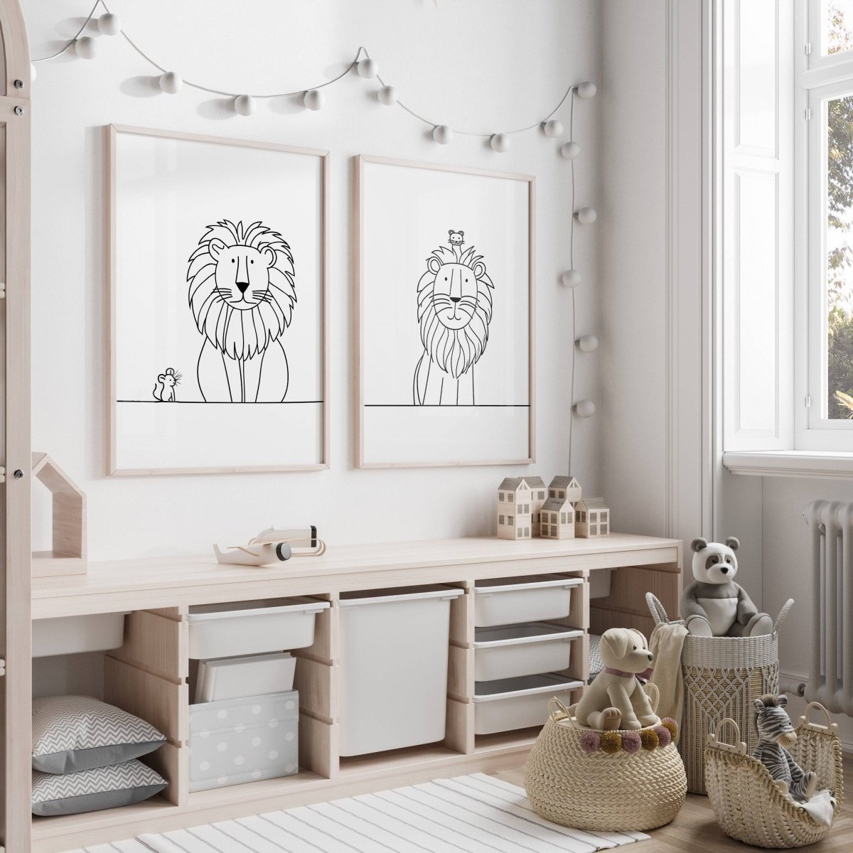 Line Art Nursery Prints | Set of 2 | Lion & Mouse Black and White Wall Art for Kids' Room - RoseRowanDesign -