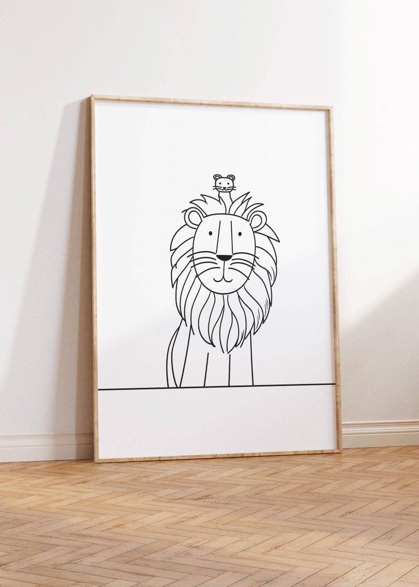 Line Art Nursery Prints | Set of 2 | Lion & Mouse Black and White Wall Art for Kids' Room - RoseRowanDesign -