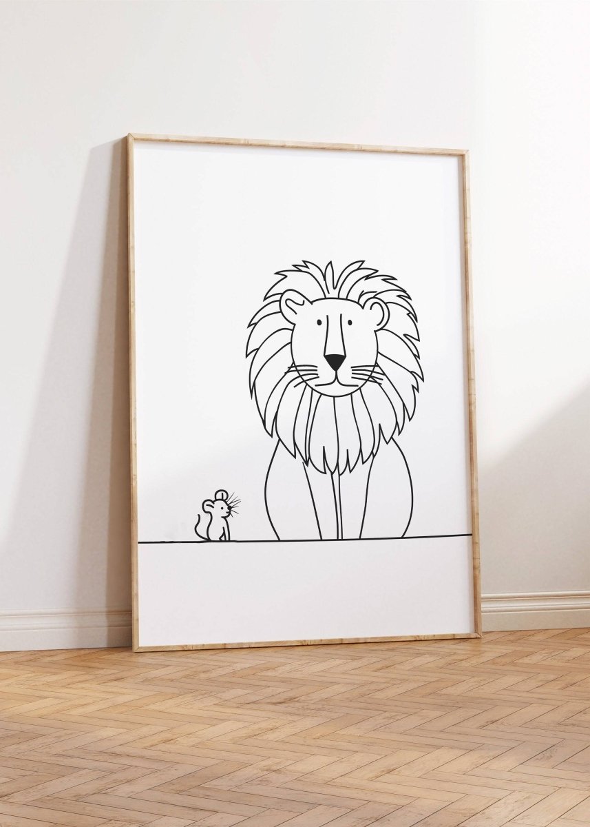 Line Art Nursery Prints | Set of 2 | Lion & Mouse Black and White Wall Art for Kids' Room - RoseRowanDesign -
