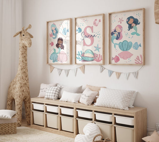 Mermaid Nursery Prints | Set of 3 | Personalised Wall Art for Girls' Room - RoseRowanDesign -