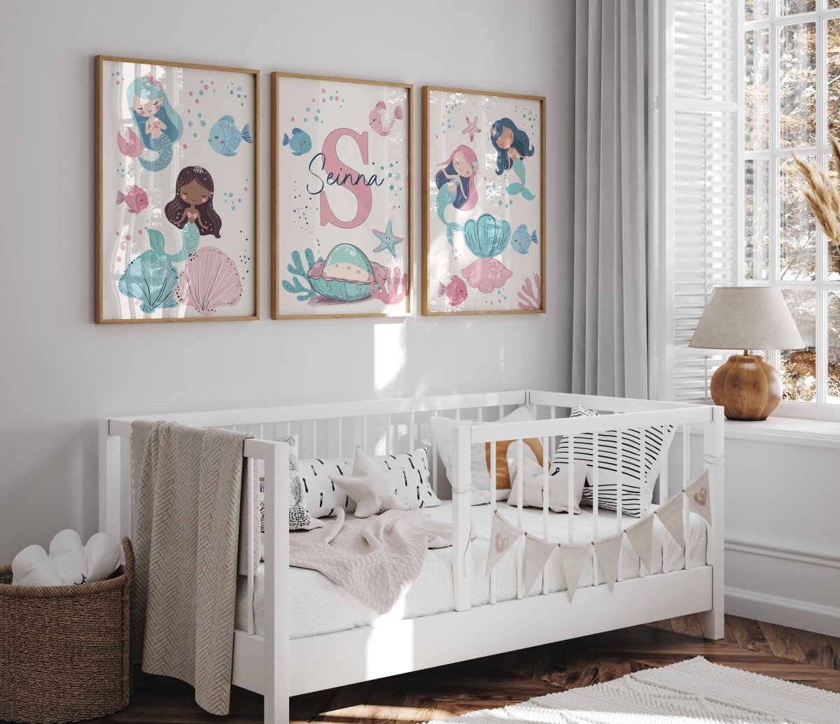 Mermaid Nursery Prints | Set of 3 | Personalised Wall Art for Girls' Room - RoseRowanDesign -