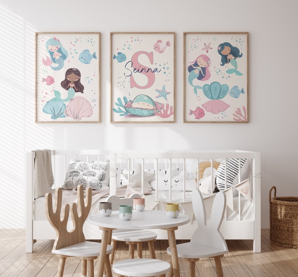 Mermaid Nursery Prints | Set of 3 | Personalised Wall Art for Girls' Room - RoseRowanDesign -