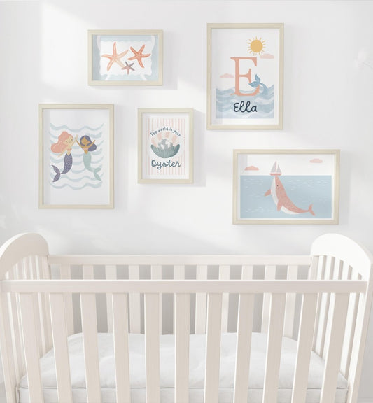 Mermaid Ocean Nursery Gallery Wall Prints – Girls Sea Wall Art Set - RoseRowanDesign -