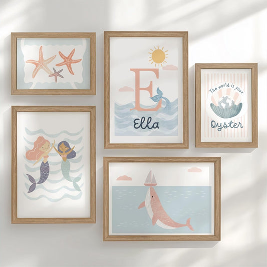 Mermaid Ocean Nursery Gallery Wall Prints – Girls Sea Wall Art Set - RoseRowanDesign -