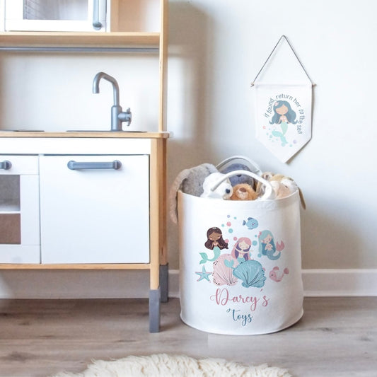 Mermaid Themed Personalised Toy Trug for Kids Room or Nursery - RoseRowanDesign -