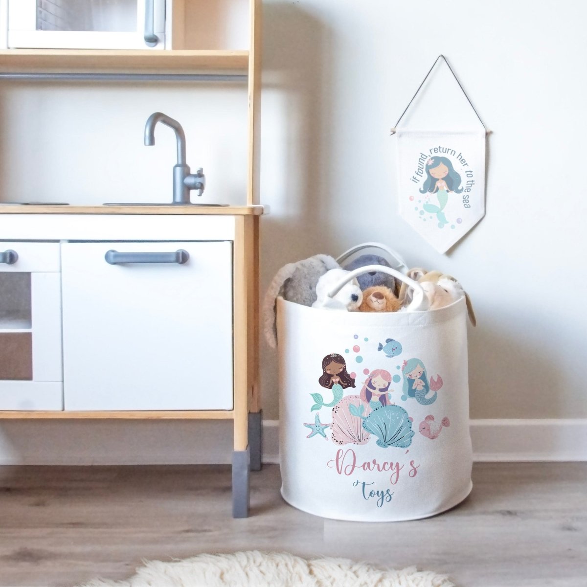 Mermaid Themed Personalised Toy Trug for Kids Room or Nursery - RoseRowanDesign -