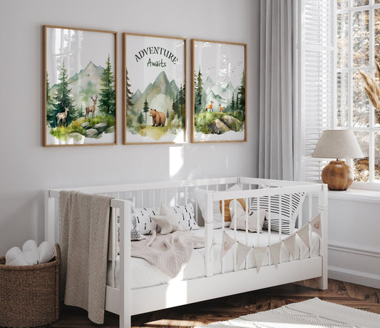 Mountain Nursery Prints | Set of 3 | Forest Adventure Wall Art for Unisex Bedroom - RoseRowanDesign -