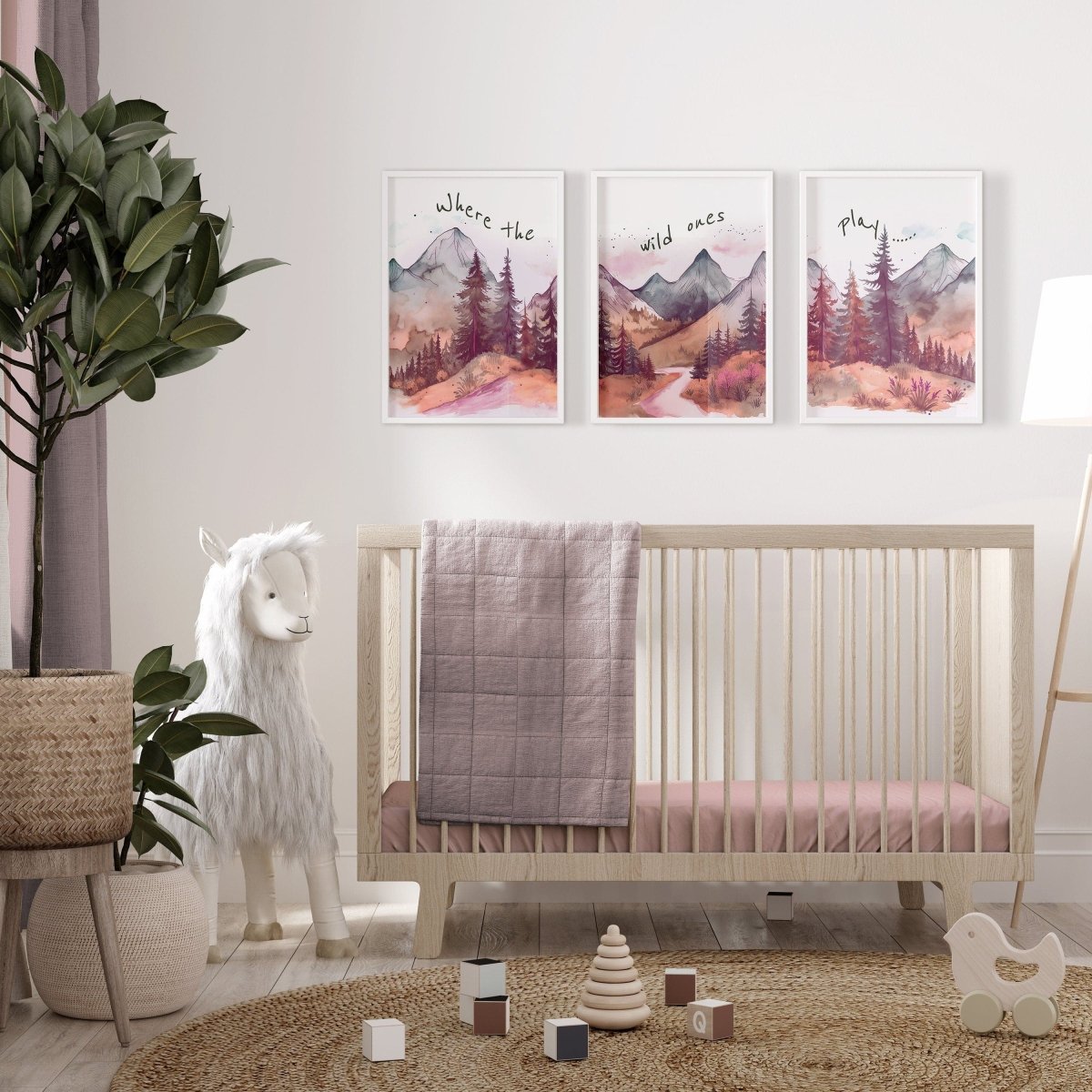 Mountain Nursery Prints | Set of 3 Forest Decor | Pink Nursery Wall Art - RoseRowanDesign - Wall Art