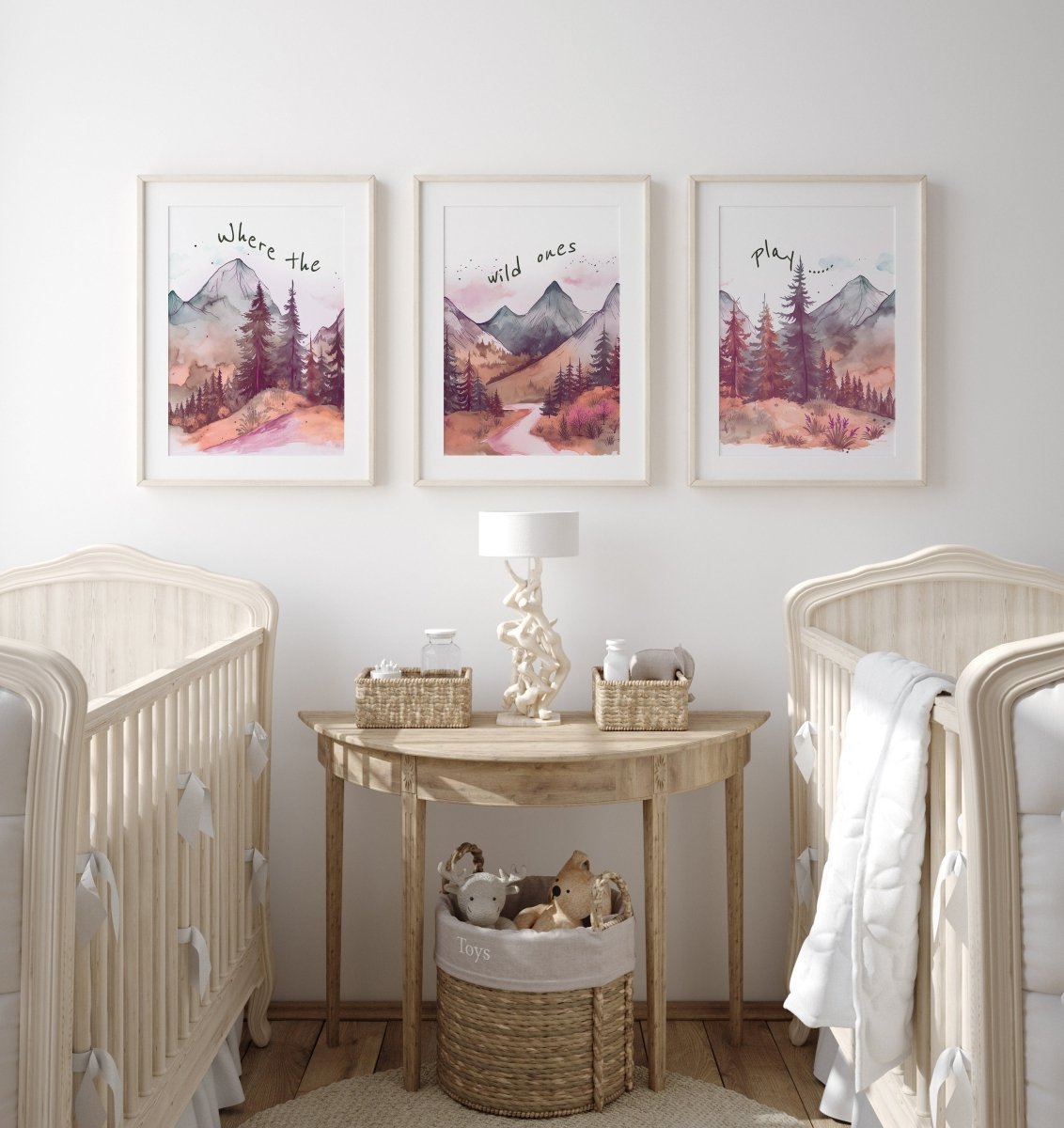 Mountain Nursery Prints | Set of 3 Forest Decor | Pink Nursery Wall Art - RoseRowanDesign - Wall Art