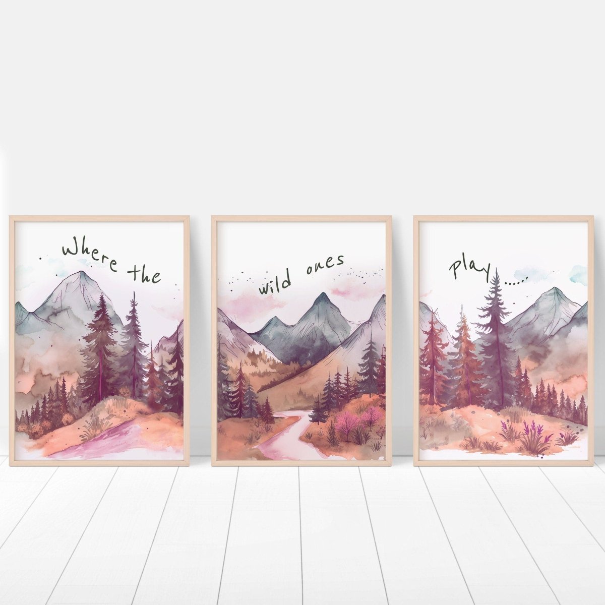 Mountain Nursery Prints | Set of 3 Forest Decor | Pink Nursery Wall Art - RoseRowanDesign - Wall Art