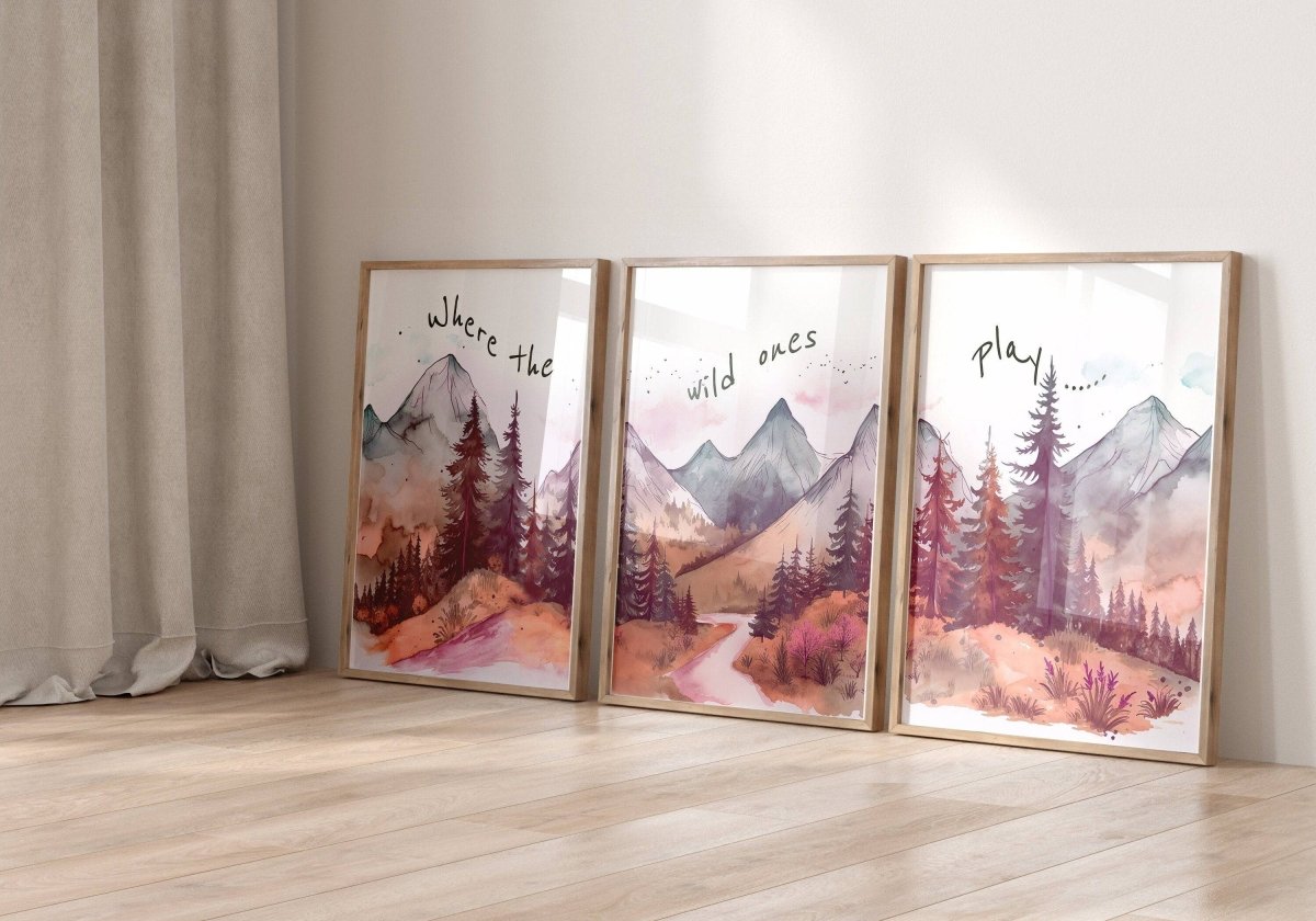 Mountain Nursery Prints | Set of 3 Forest Decor | Pink Nursery Wall Art - RoseRowanDesign - Wall Art