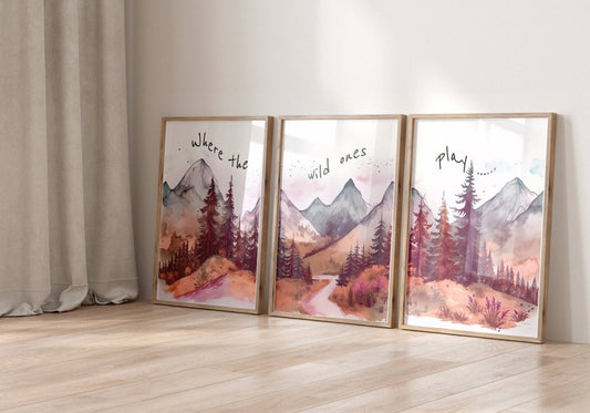 Mountain Nursery Prints | Set of 3 Forest Decor | Pink Nursery Wall Art - RoseRowanDesign - Wall Art
