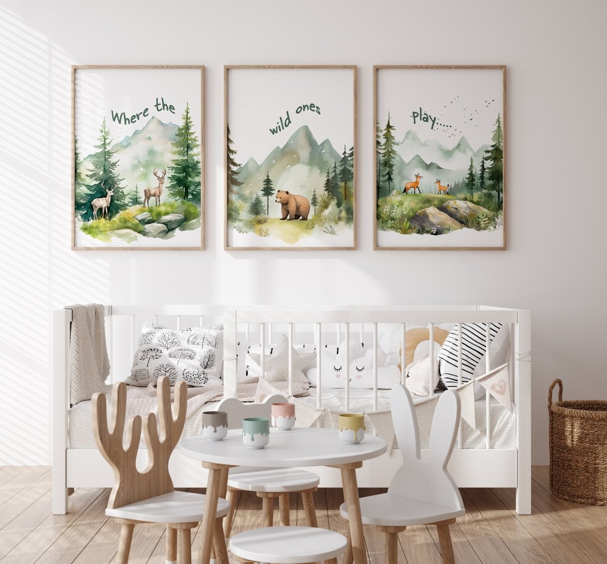 Mountain Nursery Prints | Set of 3 | Green Forest Adventure Wall Art for Unisex Bedroom - RoseRowanDesign -