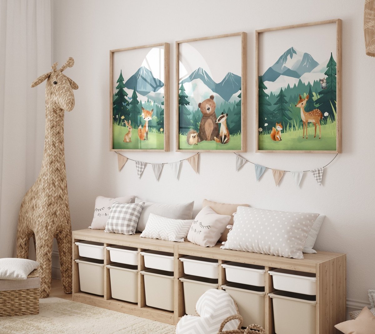 Mountain & Woodland Animal Prints | Set of 3 | Green Forest Wall Art for Unisex Nursery - RoseRowanDesign -