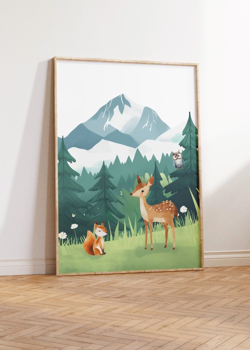 Mountain & Woodland Animal Prints | Set of 3 | Green Forest Wall Art for Unisex Nursery - RoseRowanDesign -