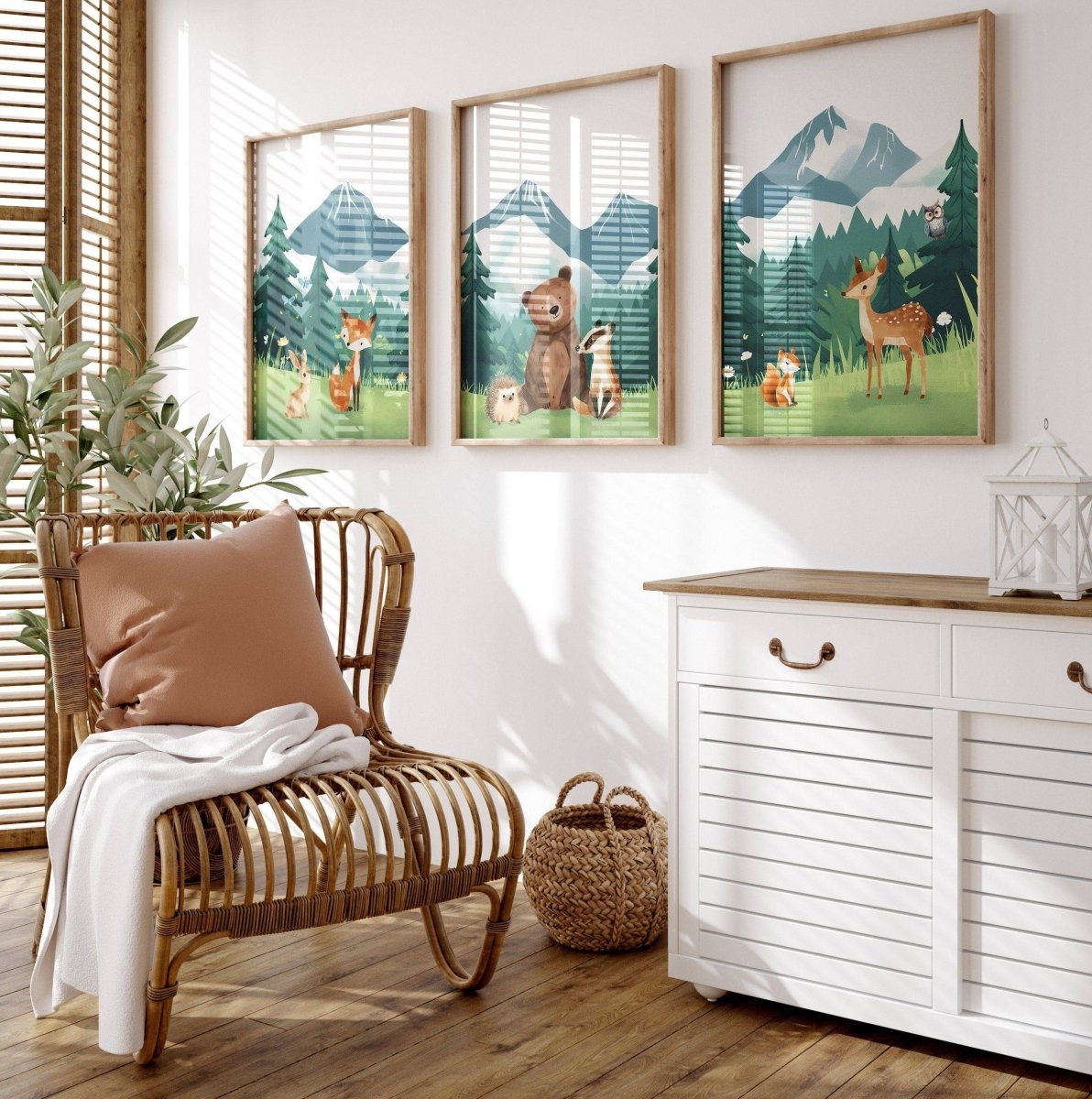 Mountain & Woodland Animal Prints | Set of 3 | Green Forest Wall Art for Unisex Nursery - RoseRowanDesign -
