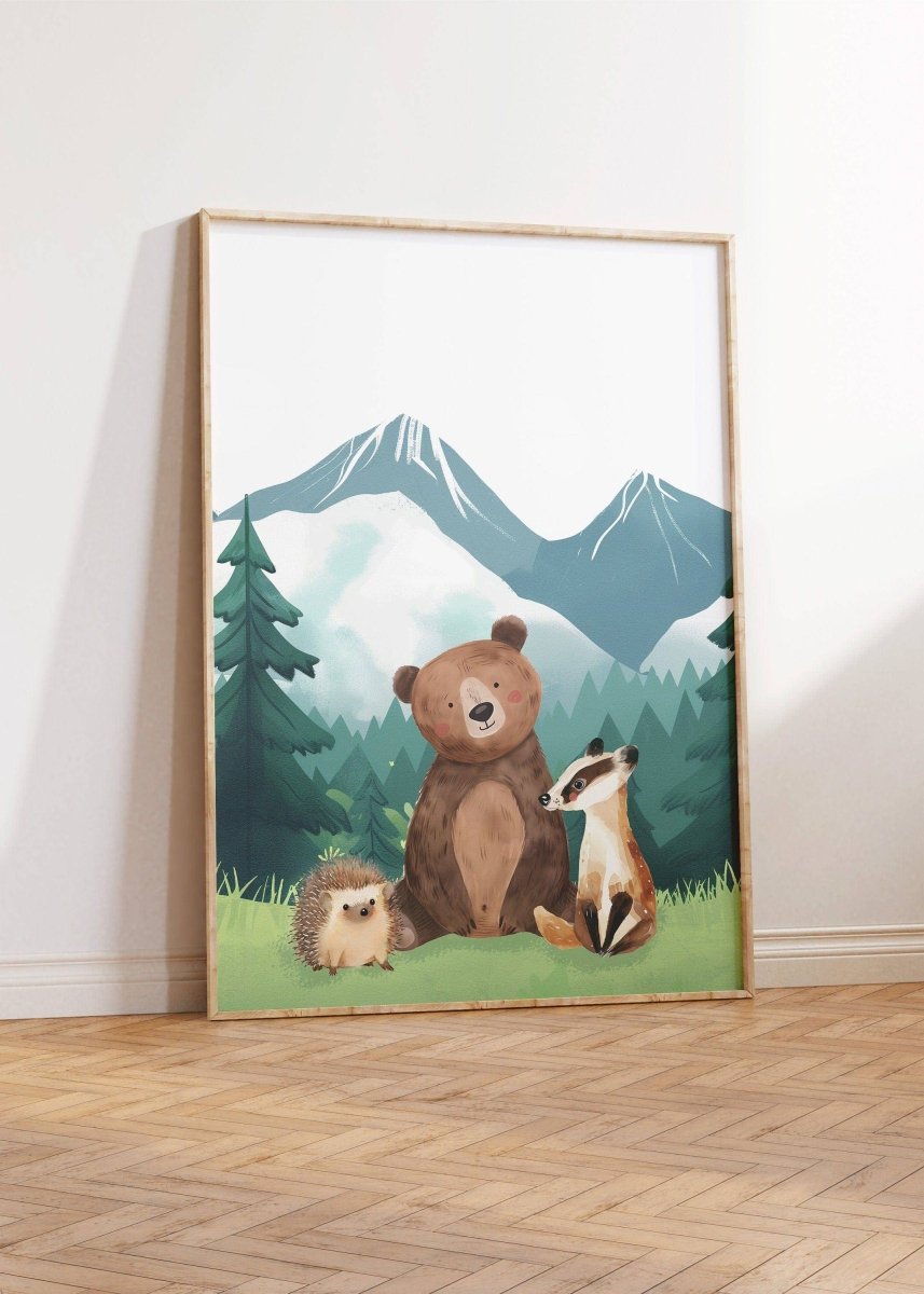 Mountain & Woodland Animal Prints | Set of 3 | Green Forest Wall Art for Unisex Nursery - RoseRowanDesign -